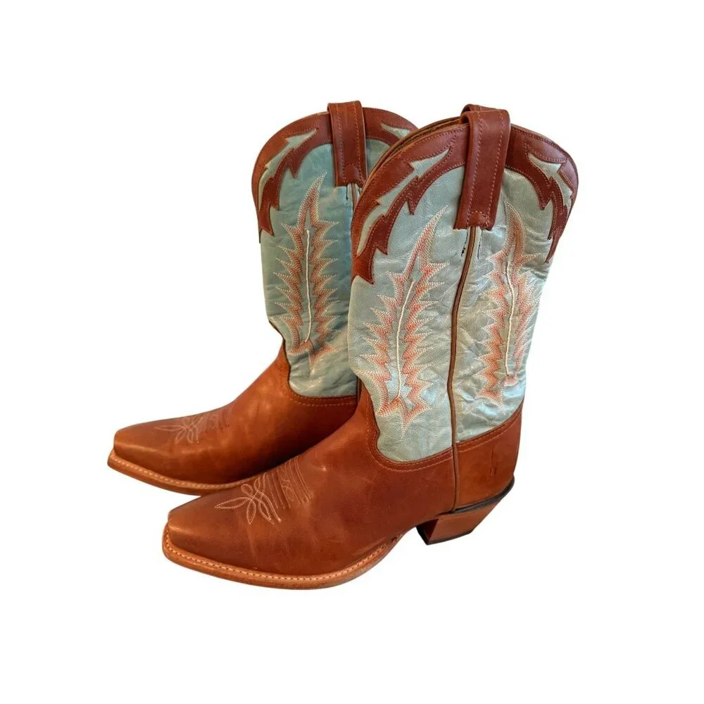 Tony Lama Womens Boots Size 8 B Brown Turquoise Cowgirl Embroidered USA Vintage
